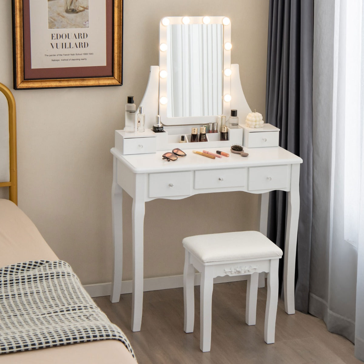 Escritorio de Tocador con Espejo Iluminado Mesa de Maquillaje con Luces 3 Modos de Color Luminosidad Ajustable 5 Cajones y Taburete Blanco