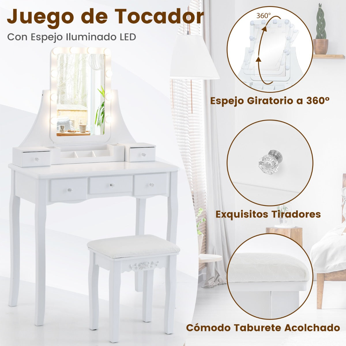 Escritorio de Tocador con Espejo Iluminado Mesa de Maquillaje con Luces 3 Modos de Color Luminosidad Ajustable 5 Cajones y Taburete Blanco