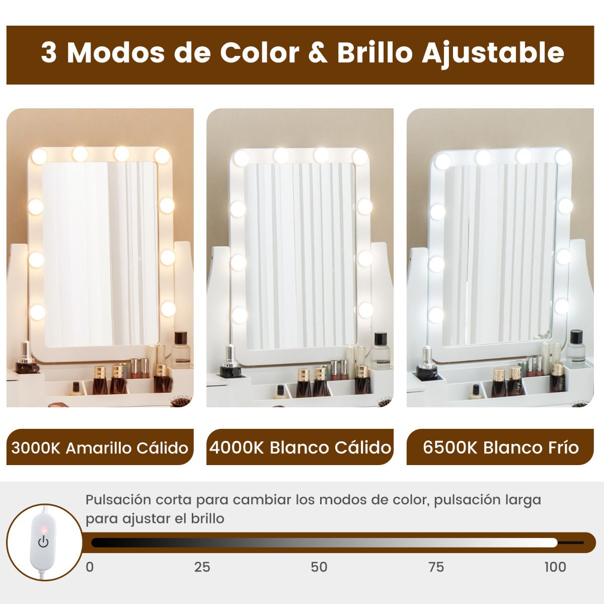 Escritorio de Tocador con Espejo Iluminado Mesa de Maquillaje con Luces 3 Modos de Color Luminosidad Ajustable 5 Cajones y Taburete Blanco