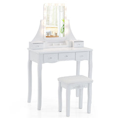 Escritorio de Tocador con Espejo Iluminado Mesa de Maquillaje con Luces 3 Modos de Color Luminosidad Ajustable 5 Cajones y Taburete Blanco