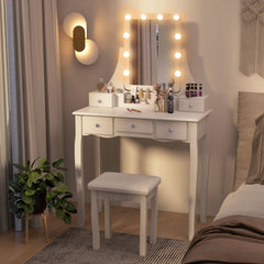 Escritorio de Tocador con Espejo Iluminado Mesa de Maquillaje con Luces 3 Modos de Color Luminosidad Ajustable 5 Cajones y Taburete Blanco