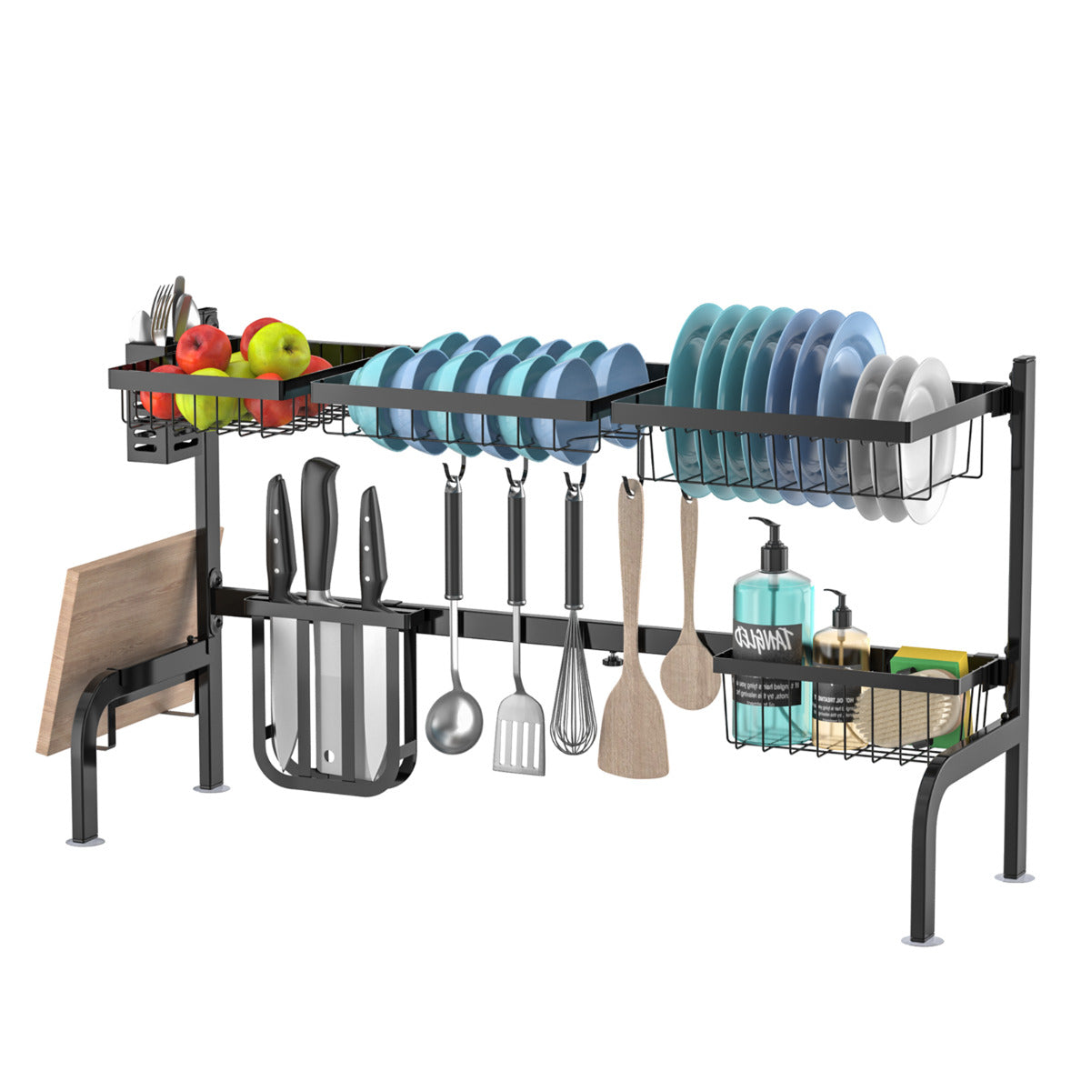 Escurreplatos sobre el Fregadero Ajustable en 2 Longitud (53-99 cm) Soporte para Platos para Cocina con Cesta Gancho Negro