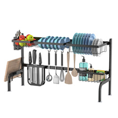 Escurreplatos sobre el Fregadero Ajustable en 2 Longitud (53-99 cm) Soporte para Platos para Cocina con Cesta Gancho Negro