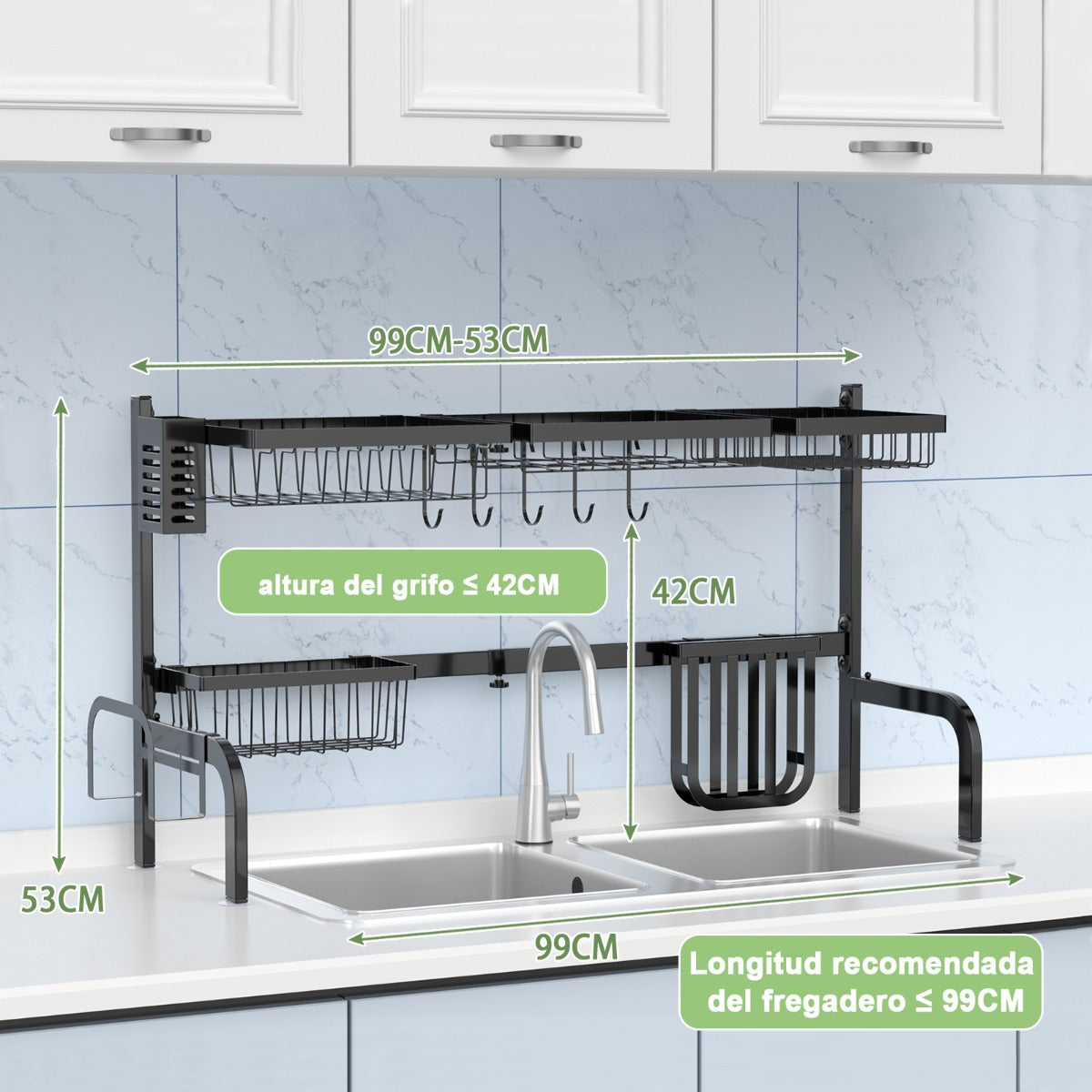 Escurreplatos sobre el Fregadero Ajustable en 2 Longitud (53-99 cm) Soporte para Platos para Cocina con Cesta Gancho Negro