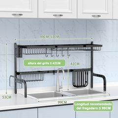 Escurreplatos sobre el Fregadero Ajustable en 2 Longitud (53-99 cm) Soporte para Platos para Cocina con Cesta Gancho Negro