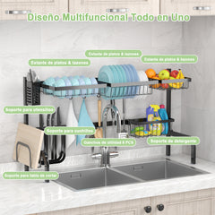 Escurreplatos sobre el Fregadero Ajustable en 2 Longitud (53-99 cm) Soporte para Platos para Cocina con Cesta Gancho Negro