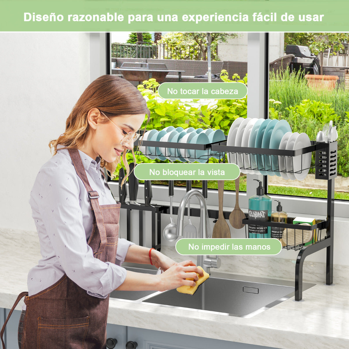 Escurreplatos sobre el Fregadero Ajustable en 2 Longitud (53-99 cm) Soporte para Platos para Cocina con Cesta Gancho Negro