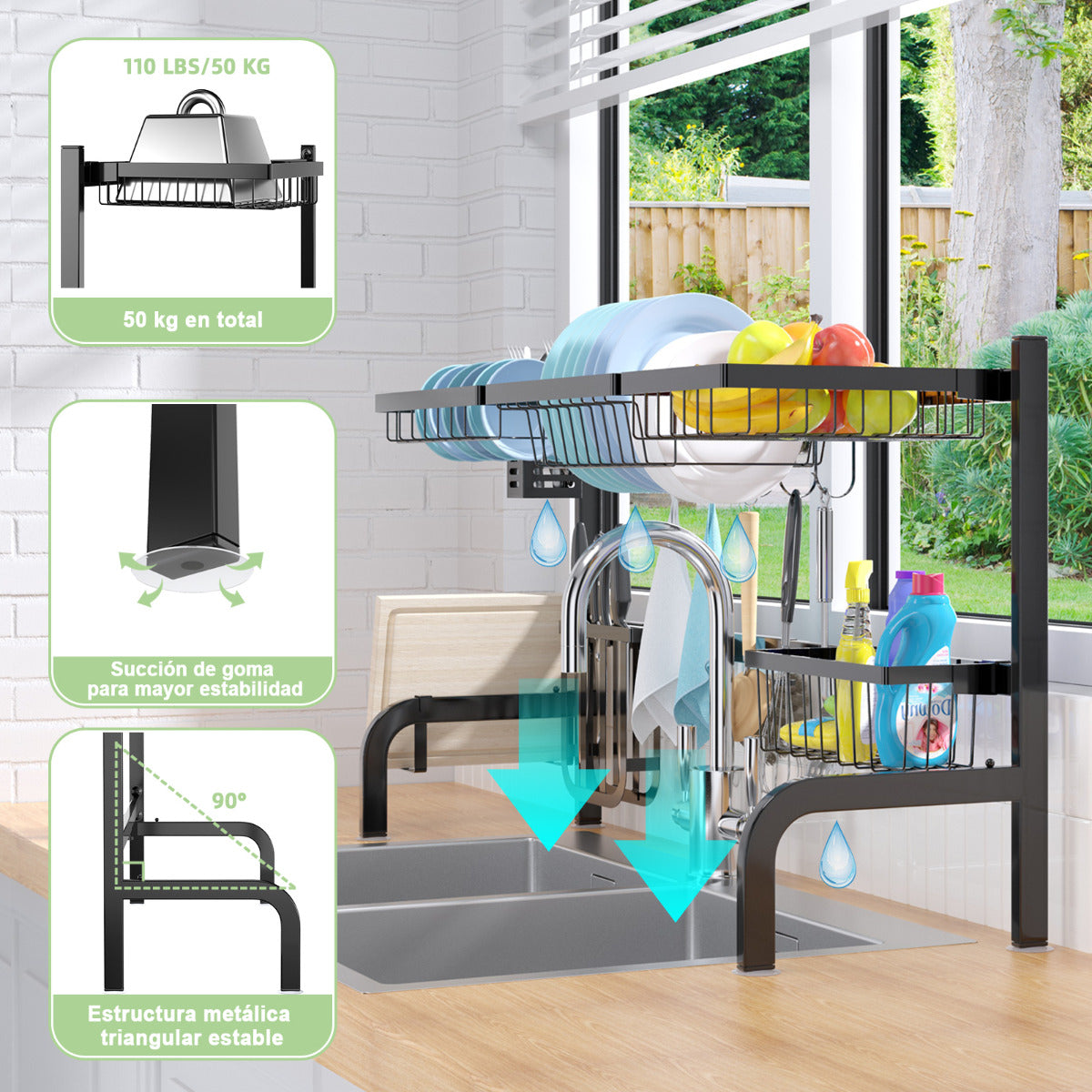Escurreplatos sobre el Fregadero Ajustable en 2 Longitud (53-99 cm) Soporte para Platos para Cocina con Cesta Gancho Negro
