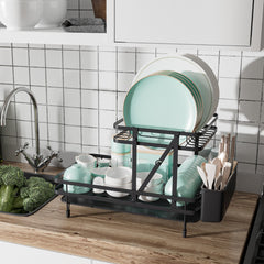 Juego de Escurridor y Secaplatos Plegable Escurreplatos Metálico de 2 Niveles con Soporte para Utensilios Salida Giratoria para Cocina Negro