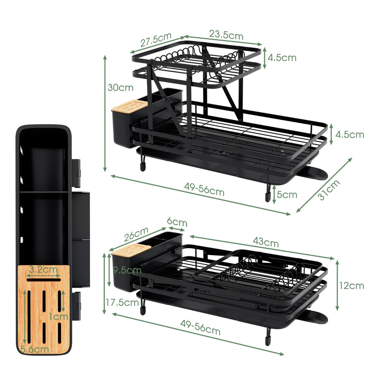 Juego de Escurridor y Secaplatos Plegable Escurreplatos Metálico de 2 Niveles con Soporte para Utensilios Salida Giratoria para Cocina Negro