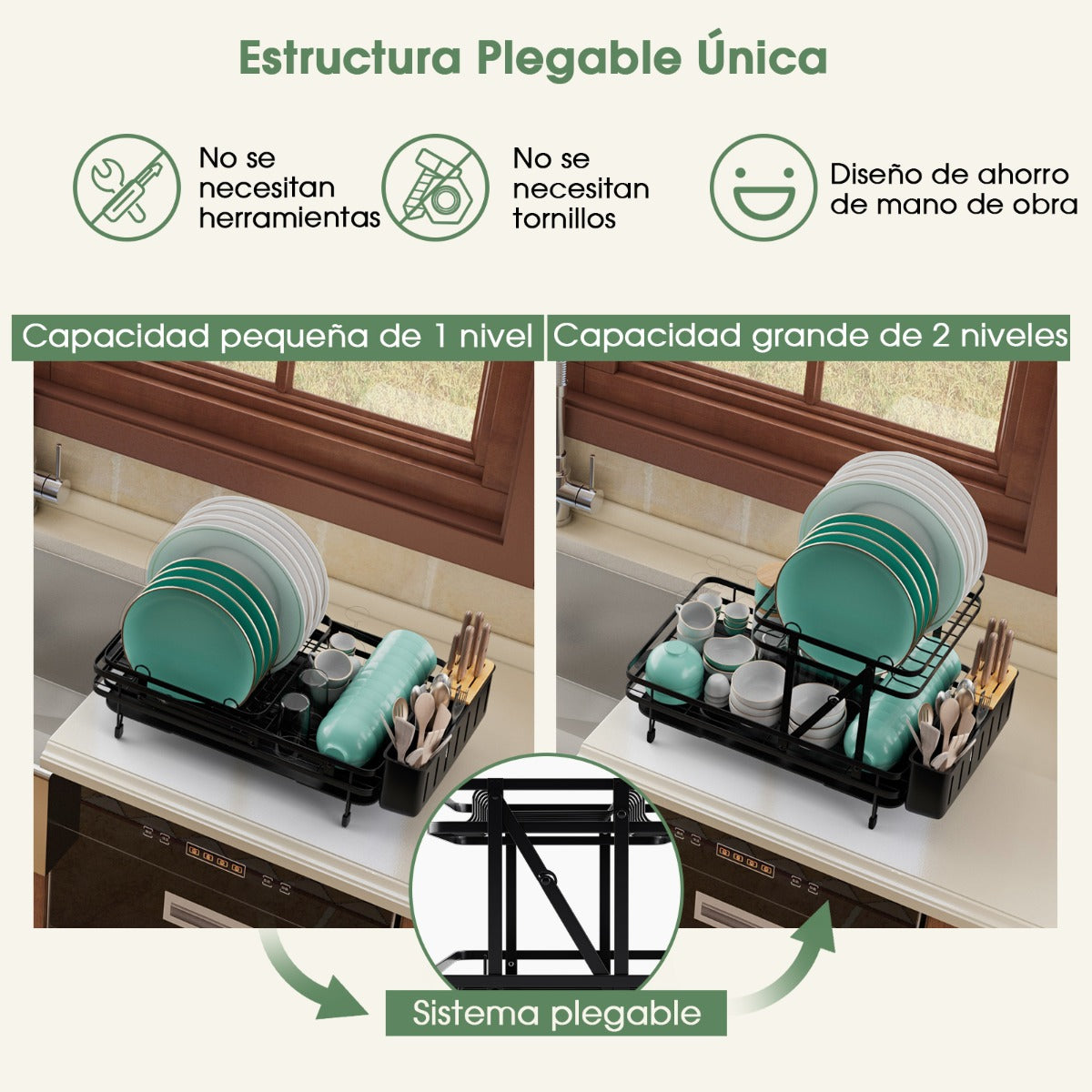 Juego de Escurridor y Secaplatos Plegable Escurreplatos Metálico de 2 Niveles con Soporte para Utensilios Salida Giratoria para Cocina Negro