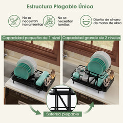 Juego de Escurridor y Secaplatos Plegable Escurreplatos Metálico de 2 Niveles con Soporte para Utensilios Salida Giratoria para Cocina Negro