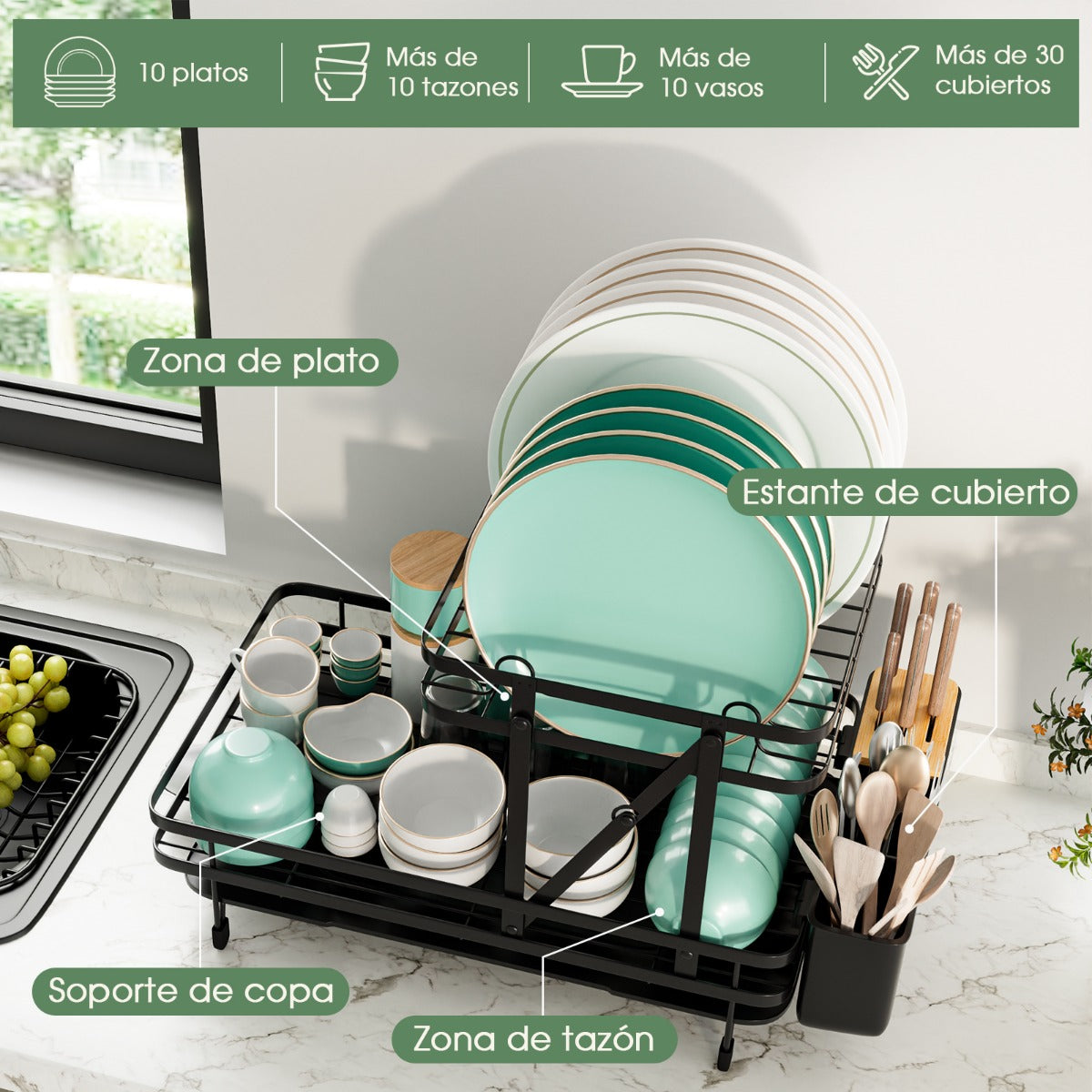 Juego de Escurridor y Secaplatos Plegable Escurreplatos Metálico de 2 Niveles con Soporte para Utensilios Salida Giratoria para Cocina Negro