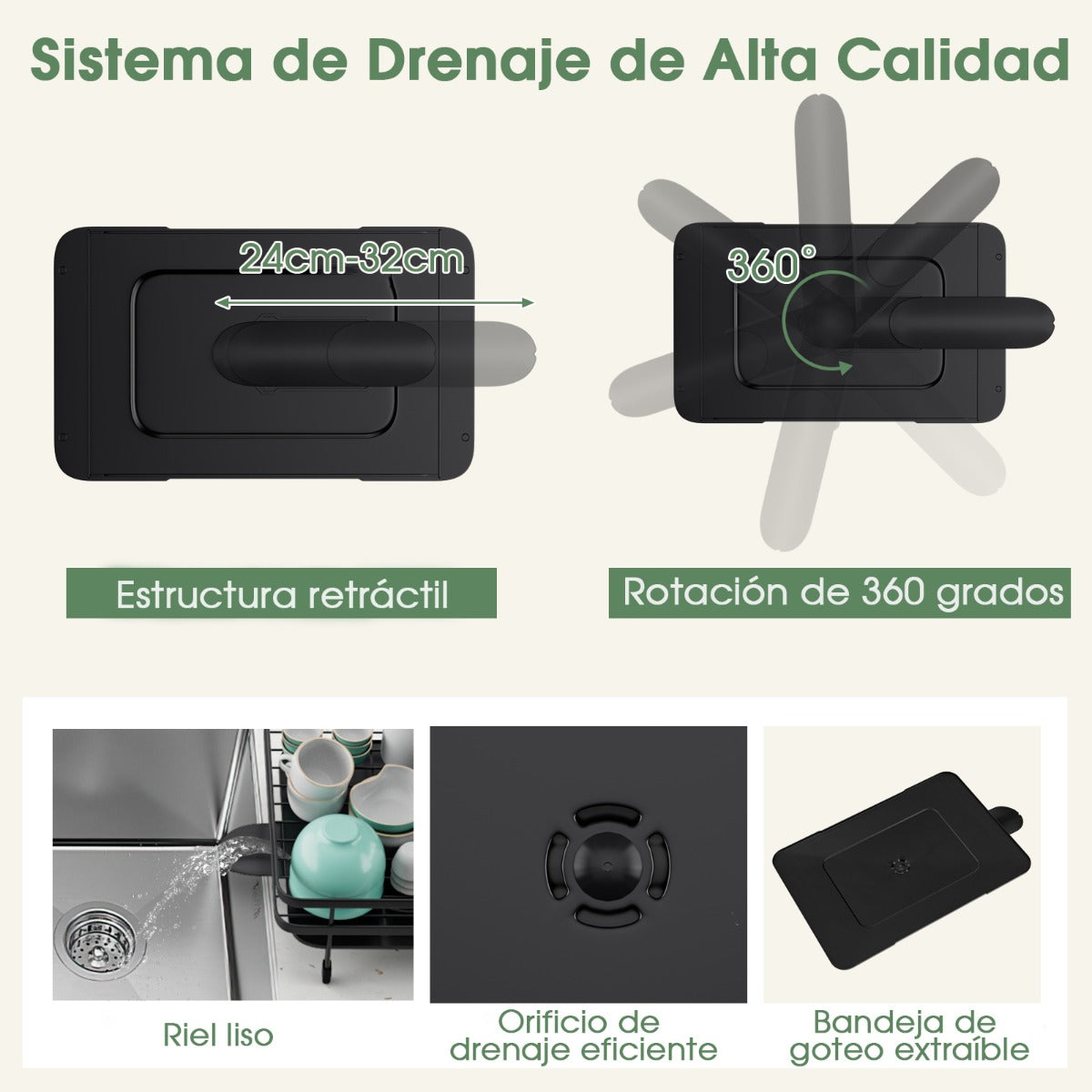 Juego de Escurridor y Secaplatos Plegable Escurreplatos Metálico de 2 Niveles con Soporte para Utensilios Salida Giratoria para Cocina Negro