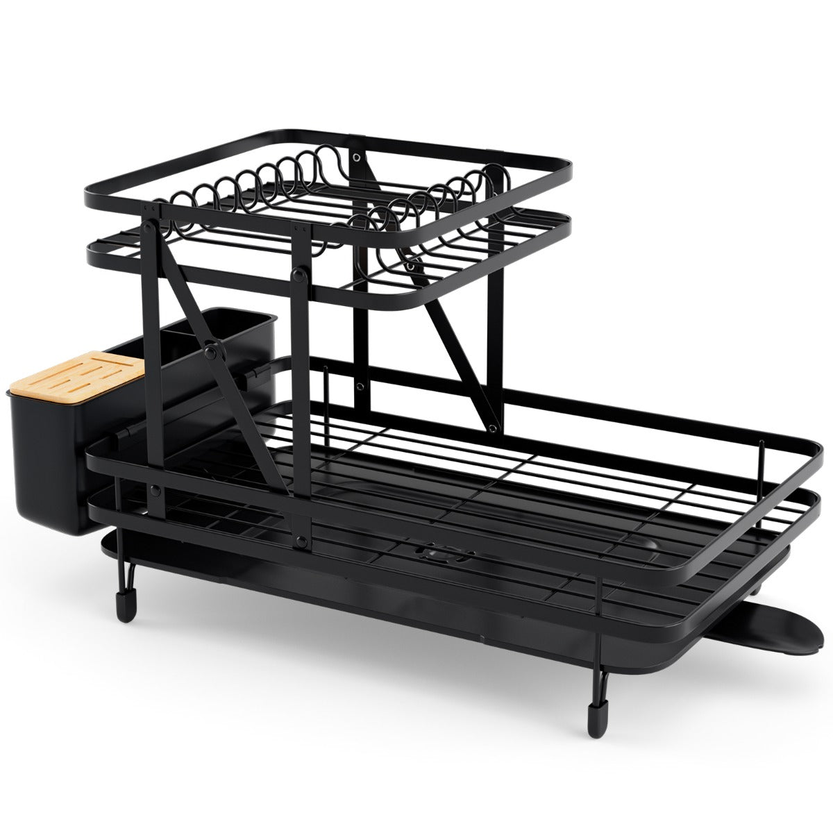 Juego de Escurridor y Secaplatos Plegable Escurreplatos Metálico de 2 Niveles con Soporte para Utensilios Salida Giratoria para Cocina Negro
