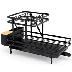 Juego de Escurridor y Secaplatos Plegable Escurreplatos Metálico de 2 Niveles con Soporte para Utensilios Salida Giratoria para Cocina Negro