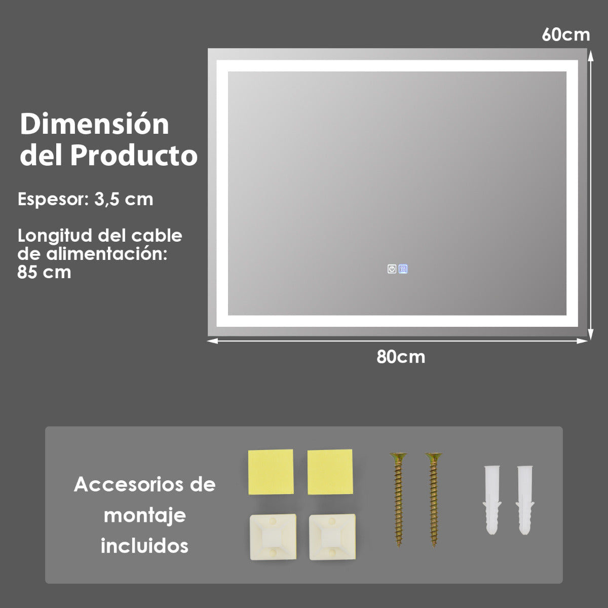 Espejo con Iluminación Led de Baño Función Antivaho Montado en la Pared Temperatura de Color Ajustables Interruptor Táctil 80 x 60 cm