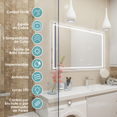 Espejo con Iluminación Led de Baño Función Antivaho Montado en la Pared Temperatura de Color Ajustables Interruptor Táctil 80 x 60 cm