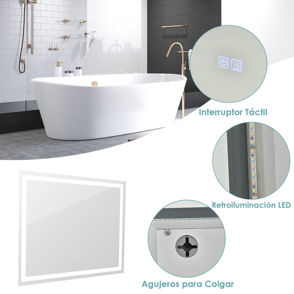 Espejo con Iluminación Led de Baño Función Antivaho Montado en la Pared Temperatura de Color Ajustables Interruptor Táctil 80 x 60 cm