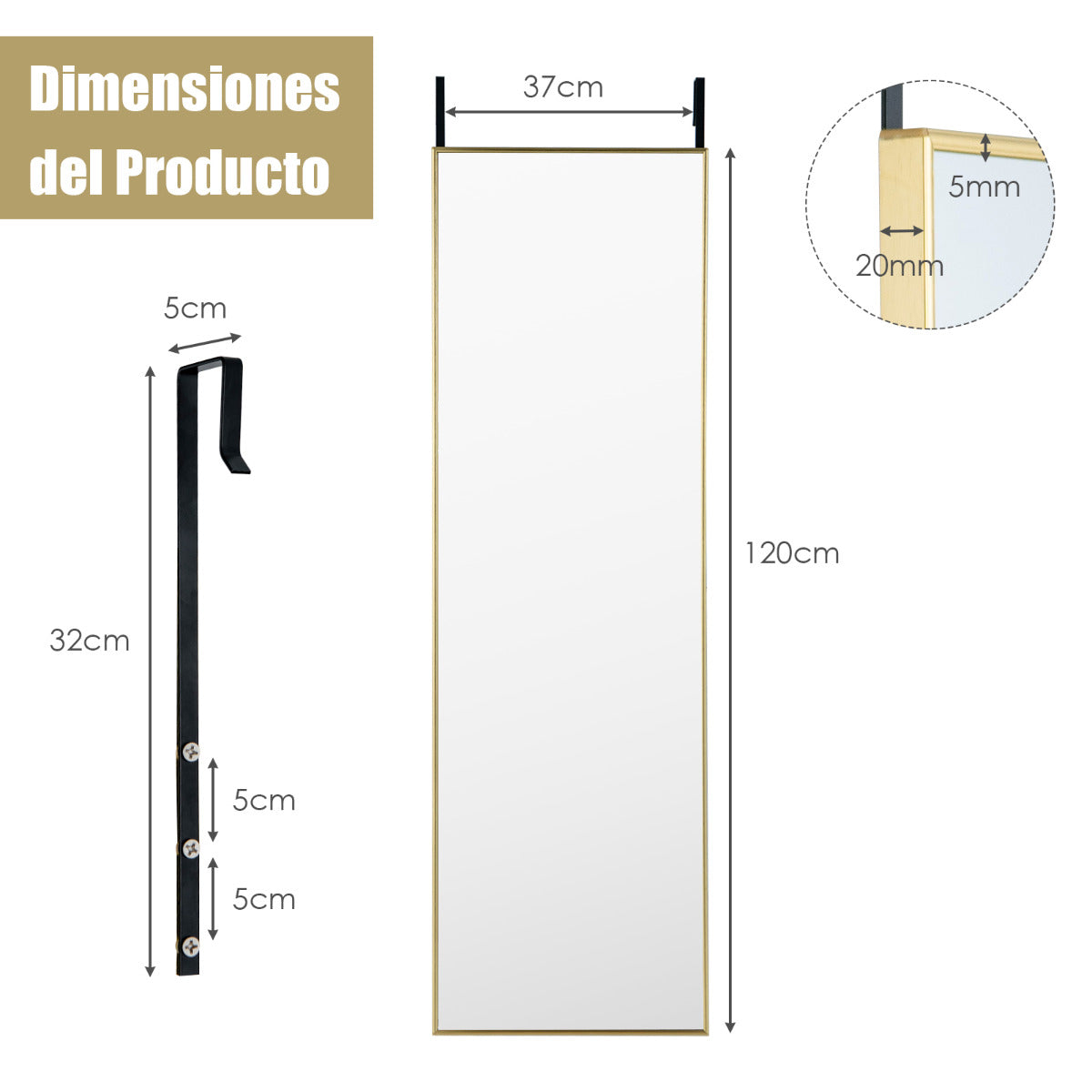 Espejo Colgante a la Puerta de Pared Marco de Aleación de Aluminio Cristal Irrompible 120 x 37 cm Dorado