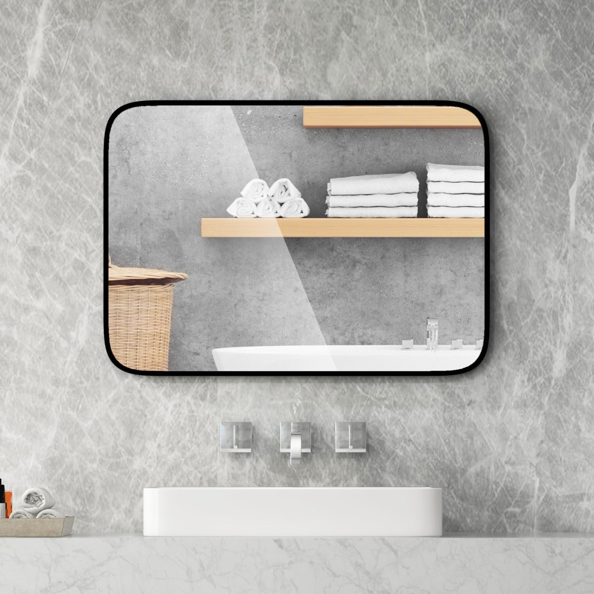 Espejo de Baño Rectangular 70 x 50 x 2 cm Espejo Montado en Pared con Marco de Aluminio Negro