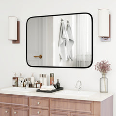 Espejo de Baño Rectangular 70 x 50 x 2 cm Espejo Montado en Pared con Marco de Aluminio Negro