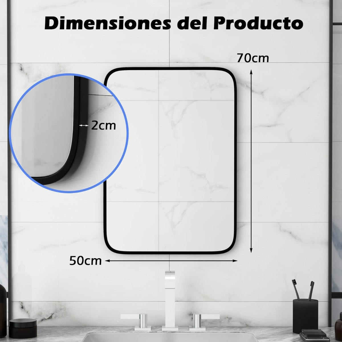 Espejo de Baño Rectangular 70 x 50 x 2 cm Espejo Montado en Pared con Marco de Aluminio Negro