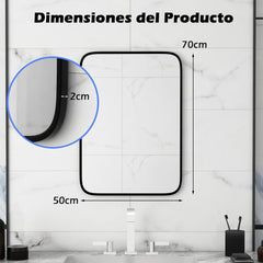 Espejo de Baño Rectangular 70 x 50 x 2 cm Espejo Montado en Pared con Marco de Aluminio Negro