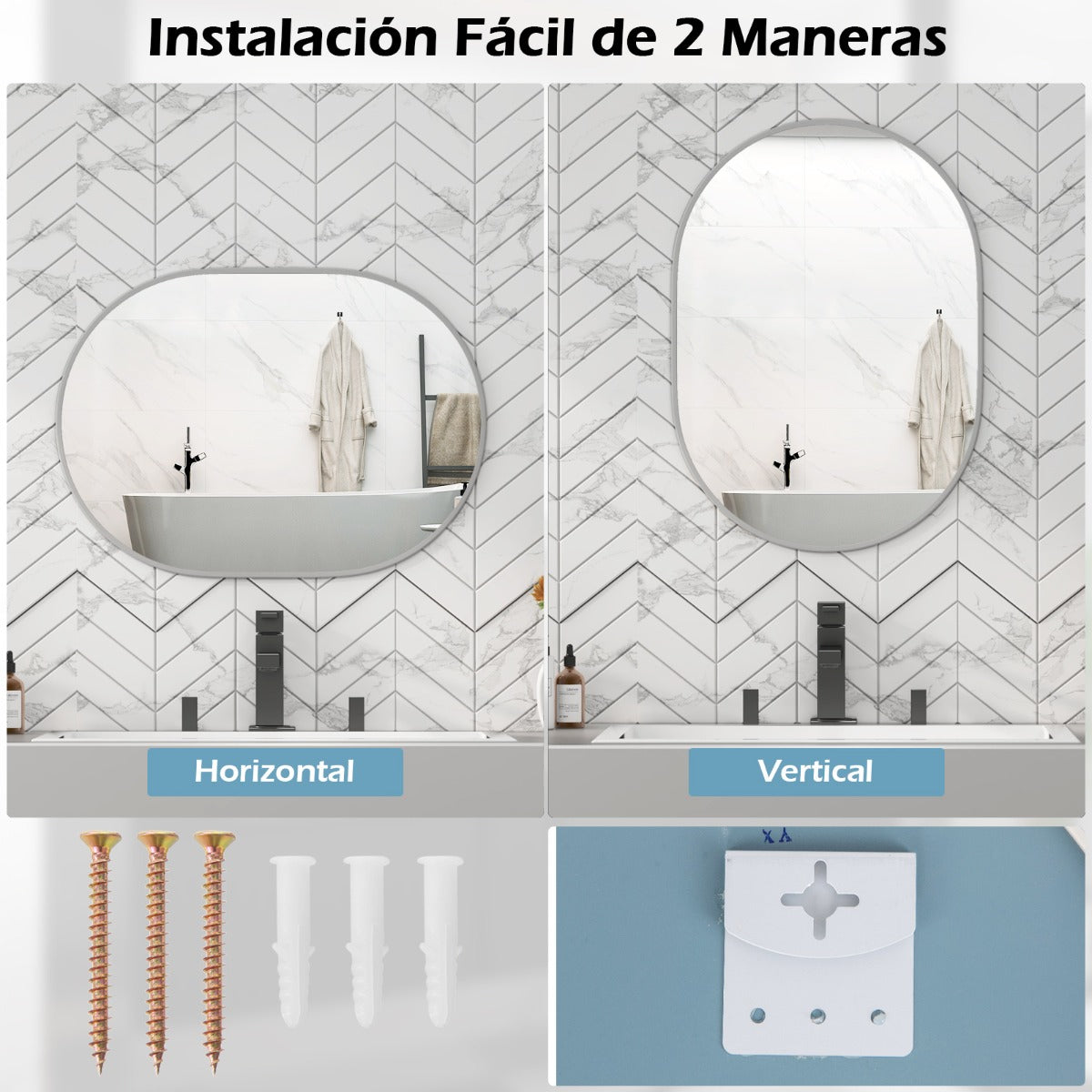 Espejo de Baño Ovalado Montado en Pared con Película a Prueba de Roturas Marco de Aluminio 70,5 x 50,5 x 2 cm