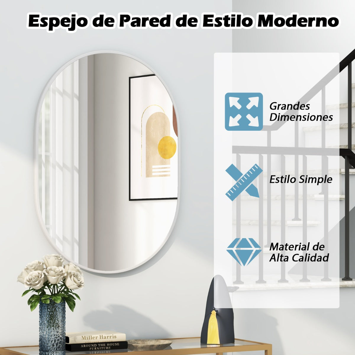 Espejo de Baño Ovalado Montado en Pared con Película a Prueba de Roturas Marco de Aluminio 70,5 x 50,5 x 2 cm