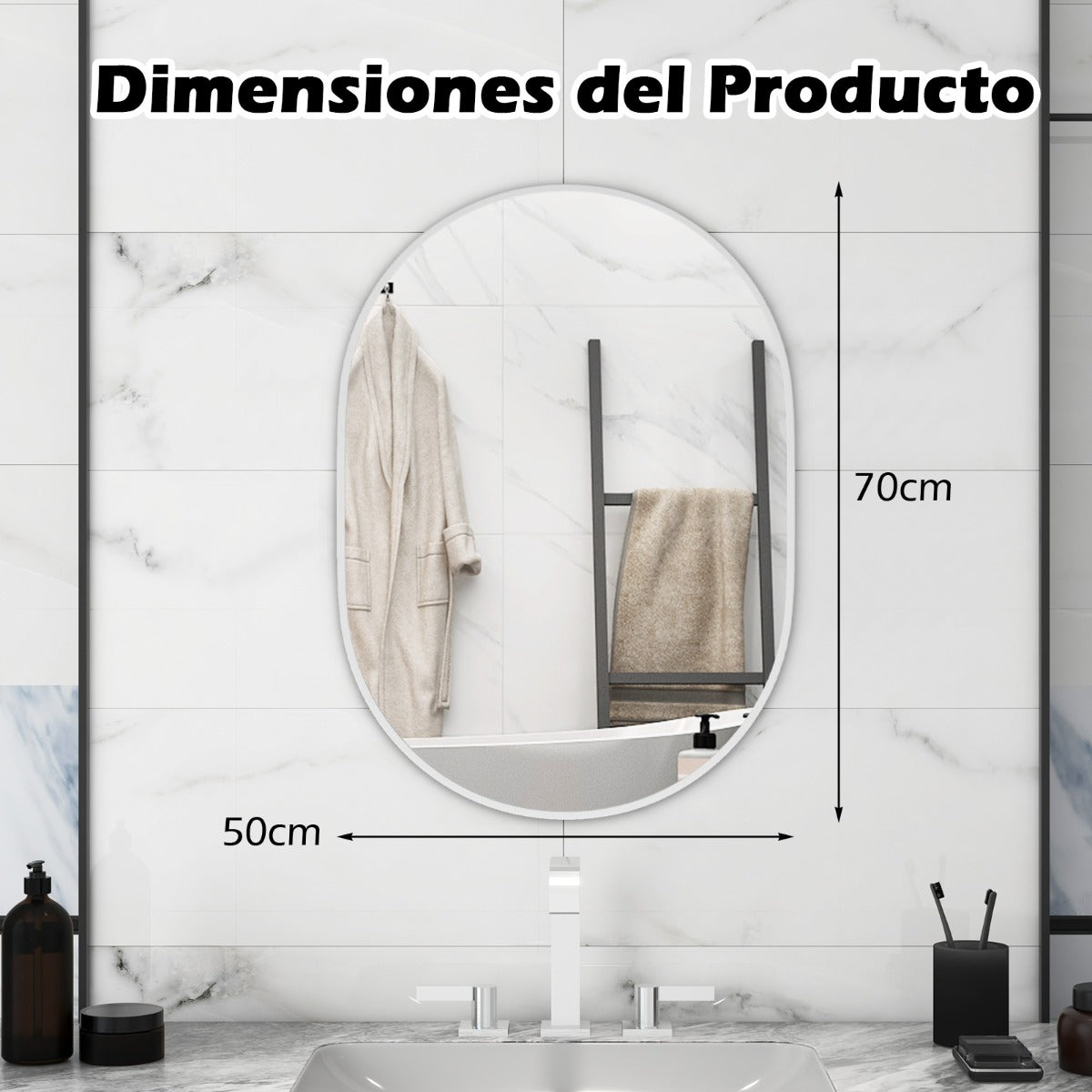 Espejo de Baño Ovalado Montado en Pared con Película a Prueba de Roturas Marco de Aluminio 70,5 x 50,5 x 2 cm
