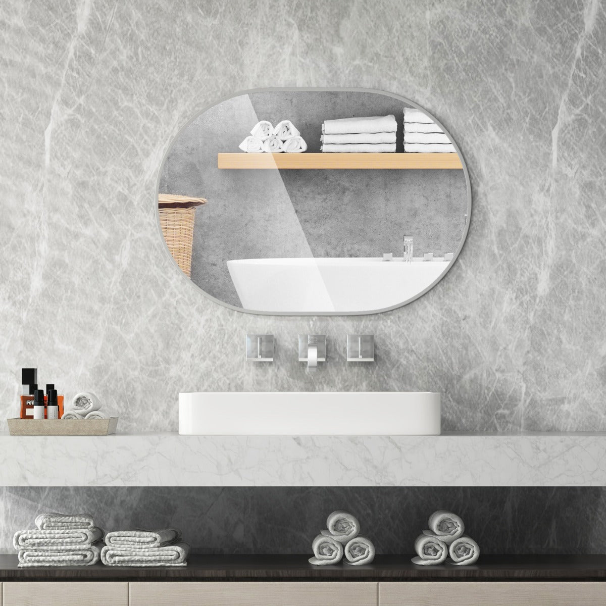 Espejo de Baño Ovalado Montado en Pared con Película a Prueba de Roturas Marco de Aluminio 70,5 x 50,5 x 2 cm