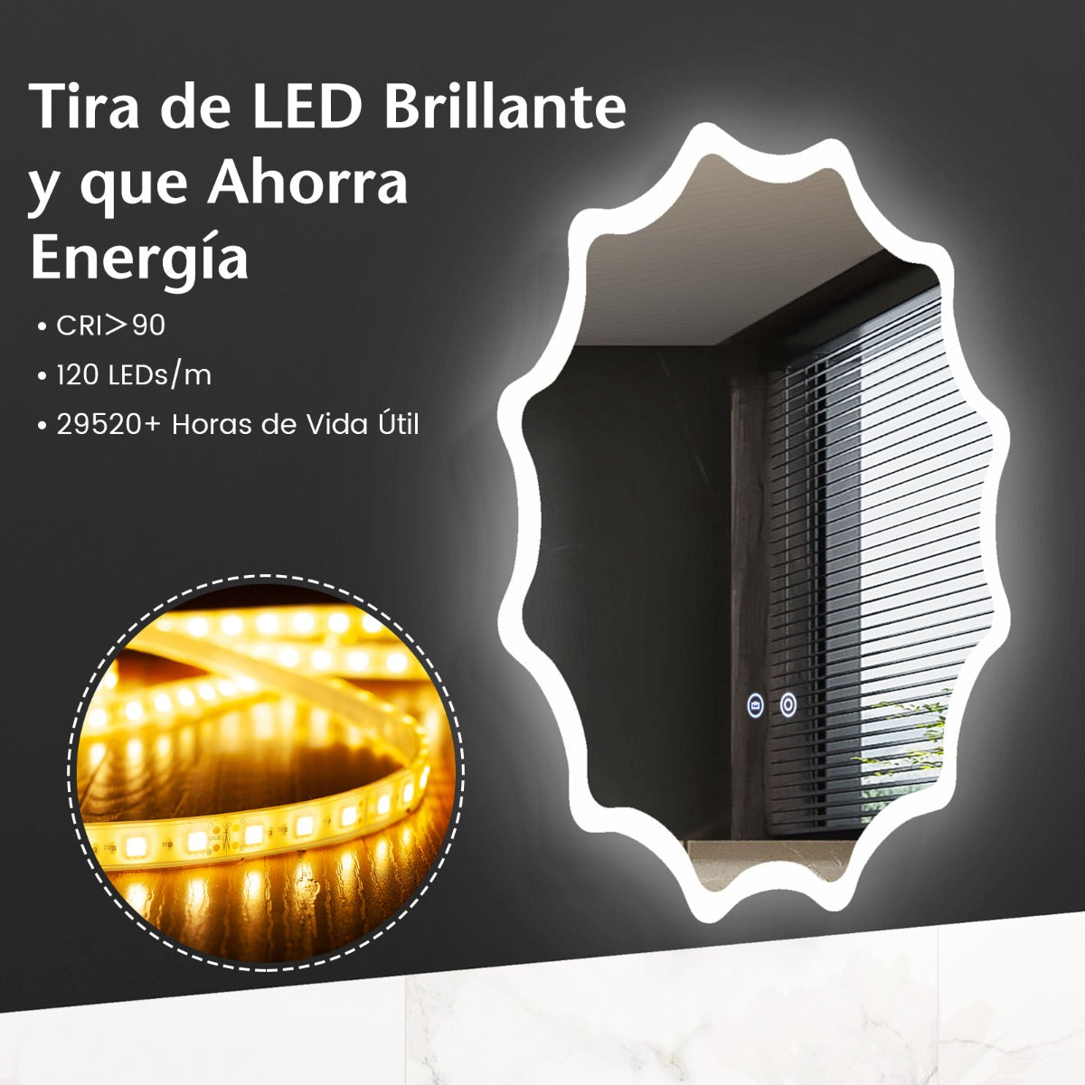 Espejo de Baño LED de 60 x 60 cm Espejo Tocador con Botón Táctil Inteligente Borde Ondulado Luces de 3 Colores y Antivaho para Hotel Plata