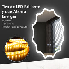 Espejo de Baño LED de 60 x 60 cm Espejo Tocador con Botón Táctil Inteligente Borde Ondulado Luces de 3 Colores y Antivaho para Hotel Plata