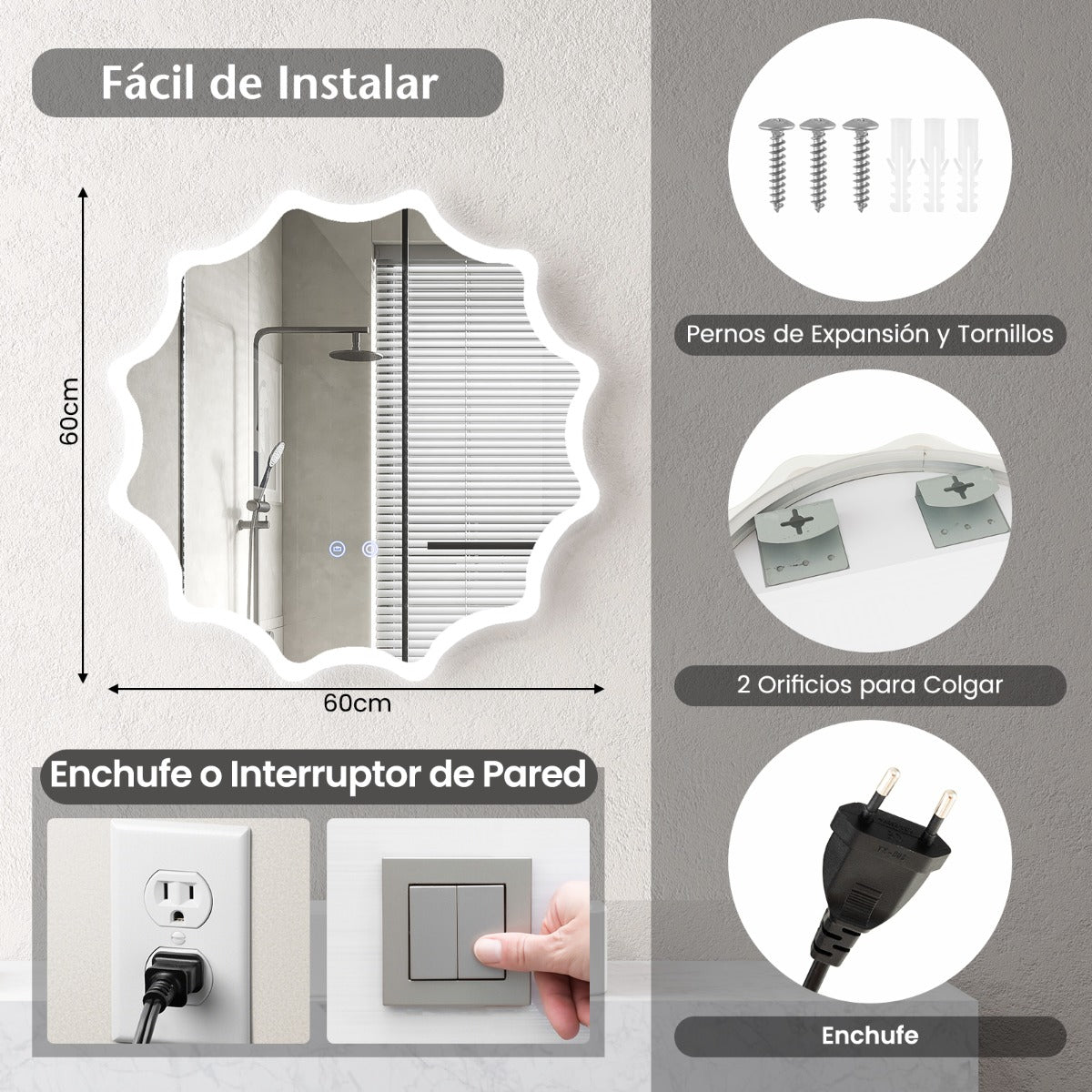 Espejo de Baño LED de 60 x 60 cm Espejo Tocador con Botón Táctil Inteligente Borde Ondulado Luces de 3 Colores y Antivaho para Hotel Plata