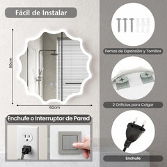Espejo de Baño LED de 60 x 60 cm Espejo Tocador con Botón Táctil Inteligente Borde Ondulado Luces de 3 Colores y Antivaho para Hotel Plata