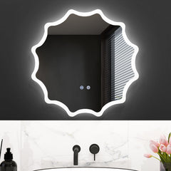 Espejo de Baño LED de 60 x 60 cm Espejo Tocador con Botón Táctil Inteligente Borde Ondulado Luces de 3 Colores y Antivaho para Hotel Plata