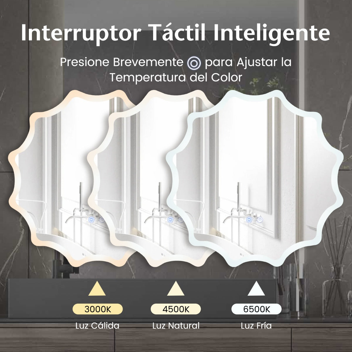 Espejo de Baño LED de 60 x 60 cm Espejo Tocador con Botón Táctil Inteligente Borde Ondulado Luces de 3 Colores y Antivaho para Hotel Plata