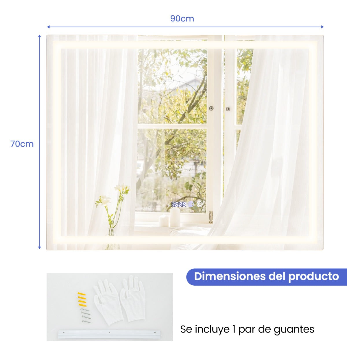 Espejo Cuadrado de Baño LED Antivaho Montado en la Pared con 3 Luces de Color y Táctil Inteligente Función Memoria 70 x 90 cm Plata