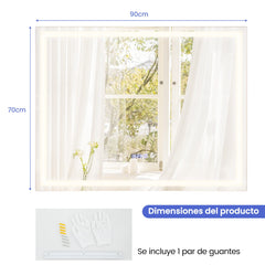Espejo Cuadrado de Baño LED Antivaho Montado en la Pared con 3 Luces de Color y Táctil Inteligente Función Memoria 70 x 90 cm Plata