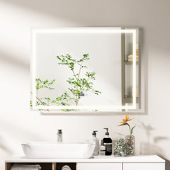 Espejo Cuadrado de Baño LED Antivaho Montado en la Pared con 3 Luces de Color y Táctil Inteligente Función Memoria 70 x 90 cm Plata
