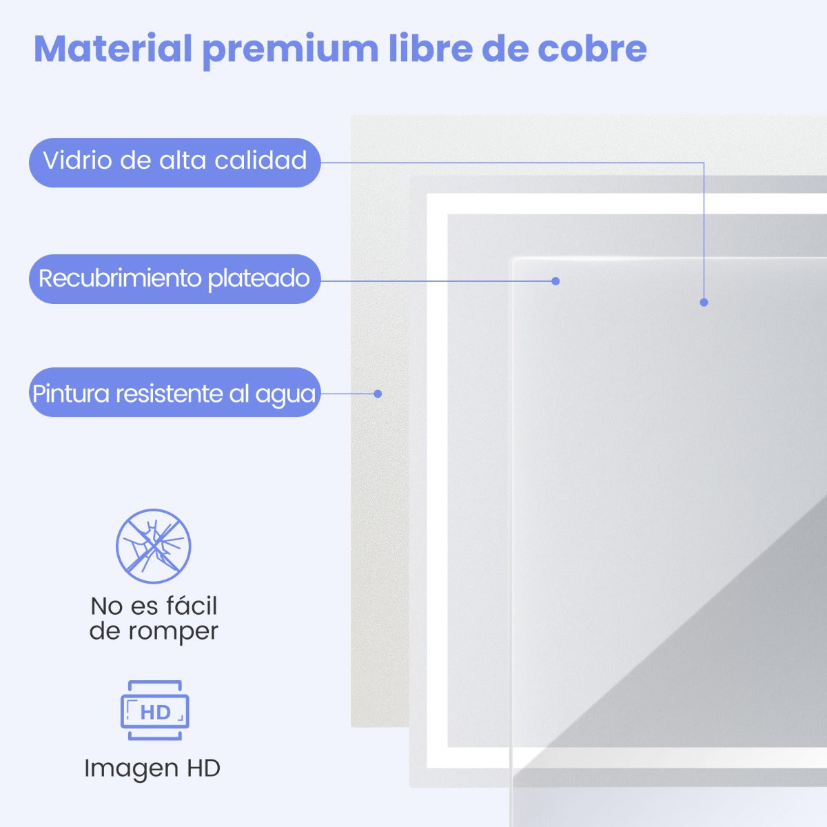 Espejo Cuadrado de Baño LED Antivaho Montado en la Pared con 3 Luces de Color y Táctil Inteligente Función Memoria 70 x 90 cm Plata