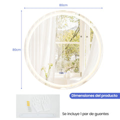 Espejo Redondo de Baño LED Antivaho Montado en la Pared con 3 Luces de Color y Táctil Inteligente Función Memoria 80 x 80 cm Plata
