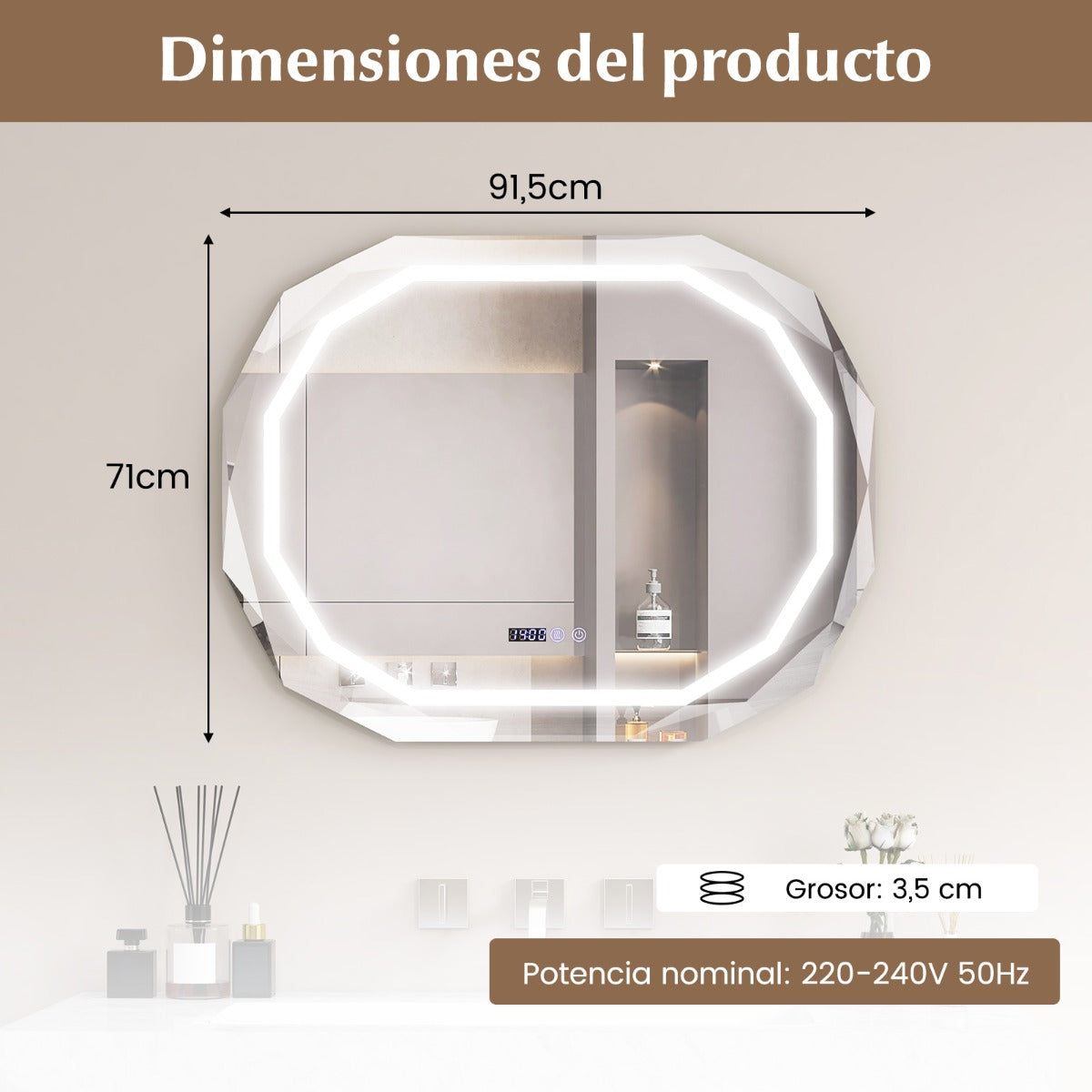 Espejo de Pared LED con 3 Luces de Color Función de Memoria Lectura de Tiempo y Temperatura Espejo Elíptico para Baño 91,5 x 71 cm Plata