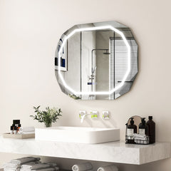 Espejo de Pared LED con 3 Luces de Color Función de Memoria Lectura de Tiempo y Temperatura Espejo Elíptico para Baño 91,5 x 71 cm Plata