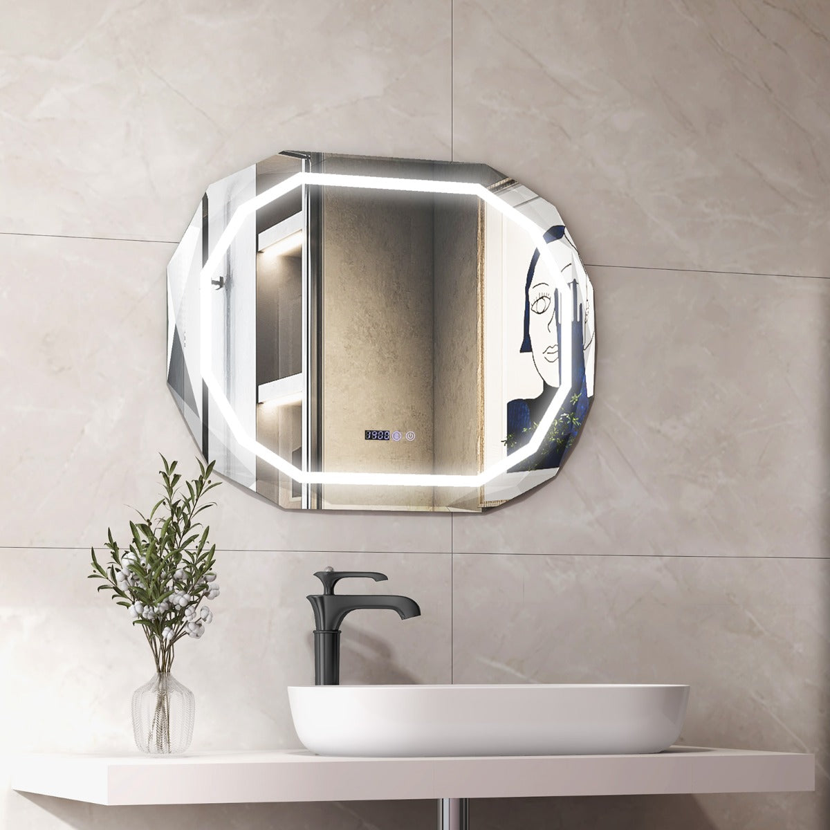 Espejo de Pared LED con 3 Luces de Color Función de Memoria Lectura de Tiempo y Temperatura Espejo Elíptico para Baño 91,5 x 71 cm Plata