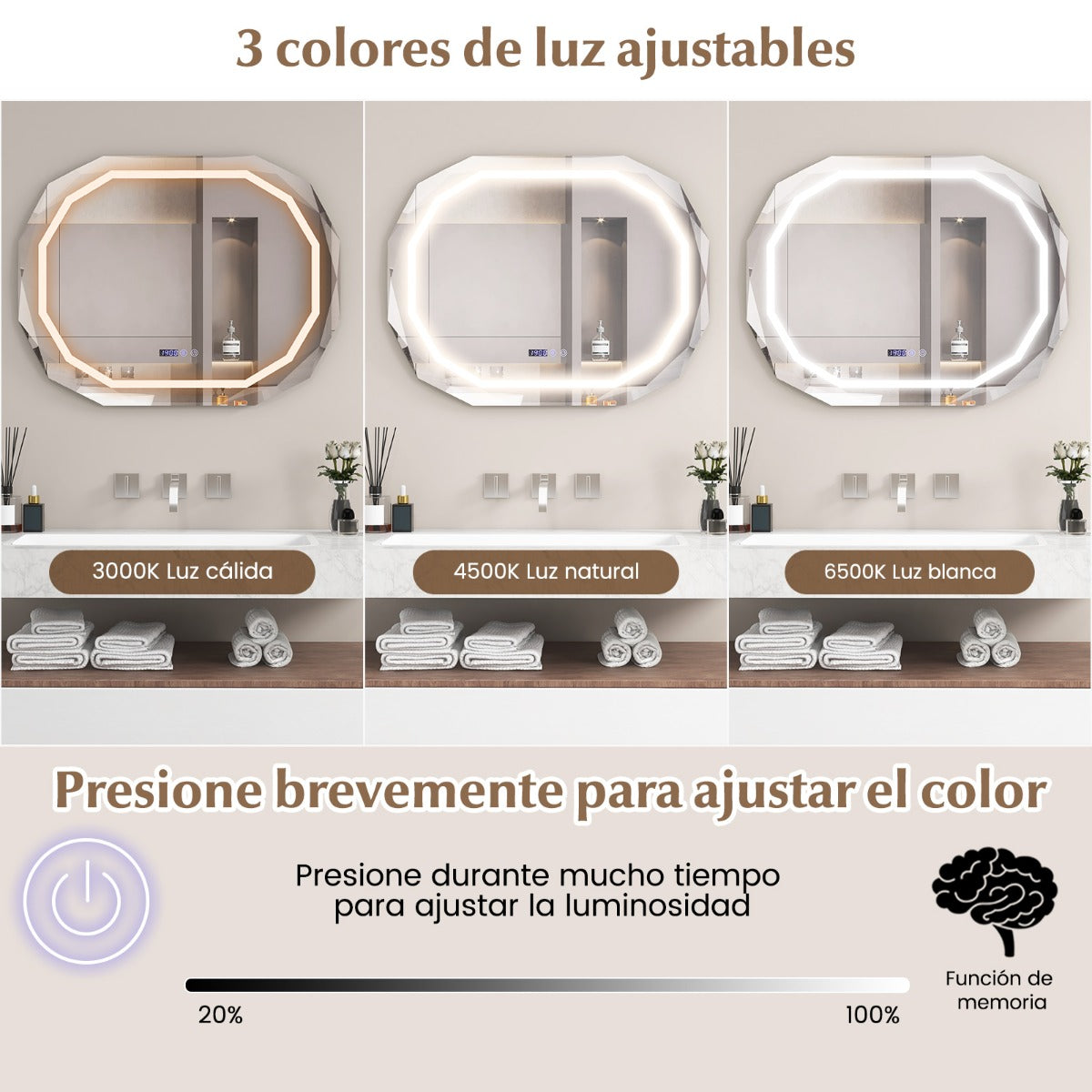 Espejo de Pared LED con 3 Luces de Color Función de Memoria Lectura de Tiempo y Temperatura Espejo Elíptico para Baño 91,5 x 71 cm Plata