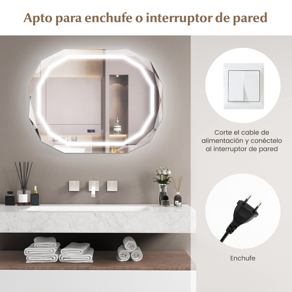 Espejo de Pared LED con 3 Luces de Color Función de Memoria Lectura de Tiempo y Temperatura Espejo Elíptico para Baño 91,5 x 71 cm Plata