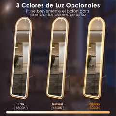 Espejo de Cuerpo Completo con Luces LED Marco de Aluminio Iluminación de 3 Colores Espejo Colgante o Montado en Pared 37 x 38 x 155 cm Oro