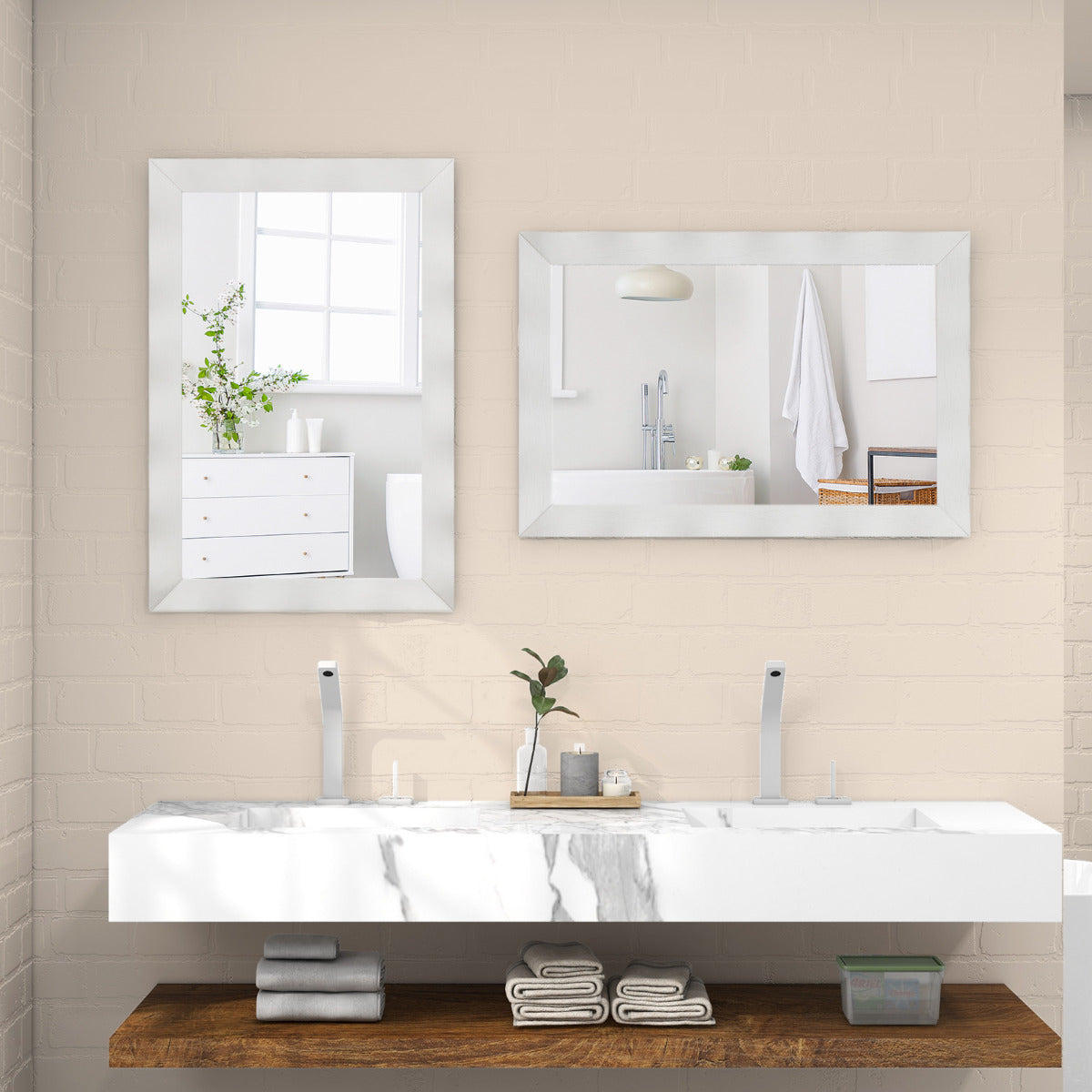 Espejo de Pared de 106x71,5cm Estilo Rústico con Marco de Madera Caucho Maciza Vertical y Horizontal para Baño Dormitorio Entrada Blanco